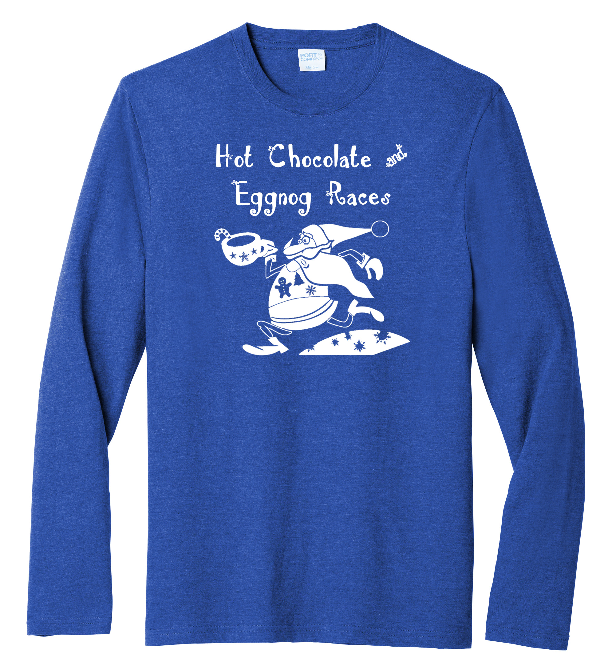 Hot Chocolate & Eggnog 1 mile, 5k, 10k and kids fun run long sleeve shirt design - heathered royal unisex long sleeve shirt
