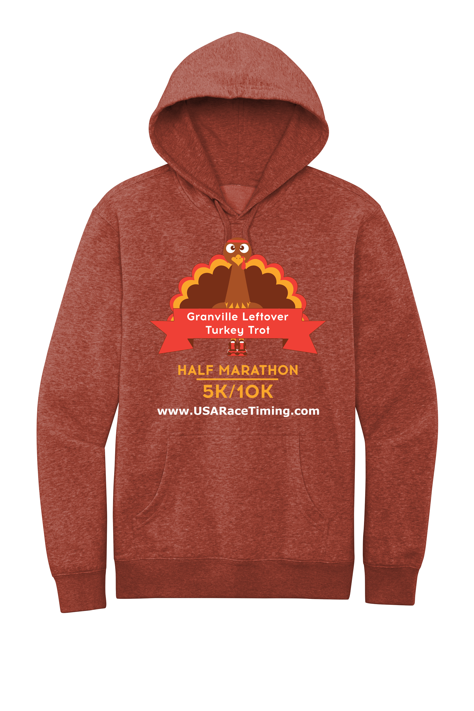 Johnstown, Alexandria & Granville Ohio Turkey Trot Official Long Sleeve Hooded Sweatshirt - Heathered Russet With Full Color Ink Print - Sport Tee Apparel Screen Printing - USA Race Timing - Johnstown Can - Charity Race - 5k, 10k & Half Marathon