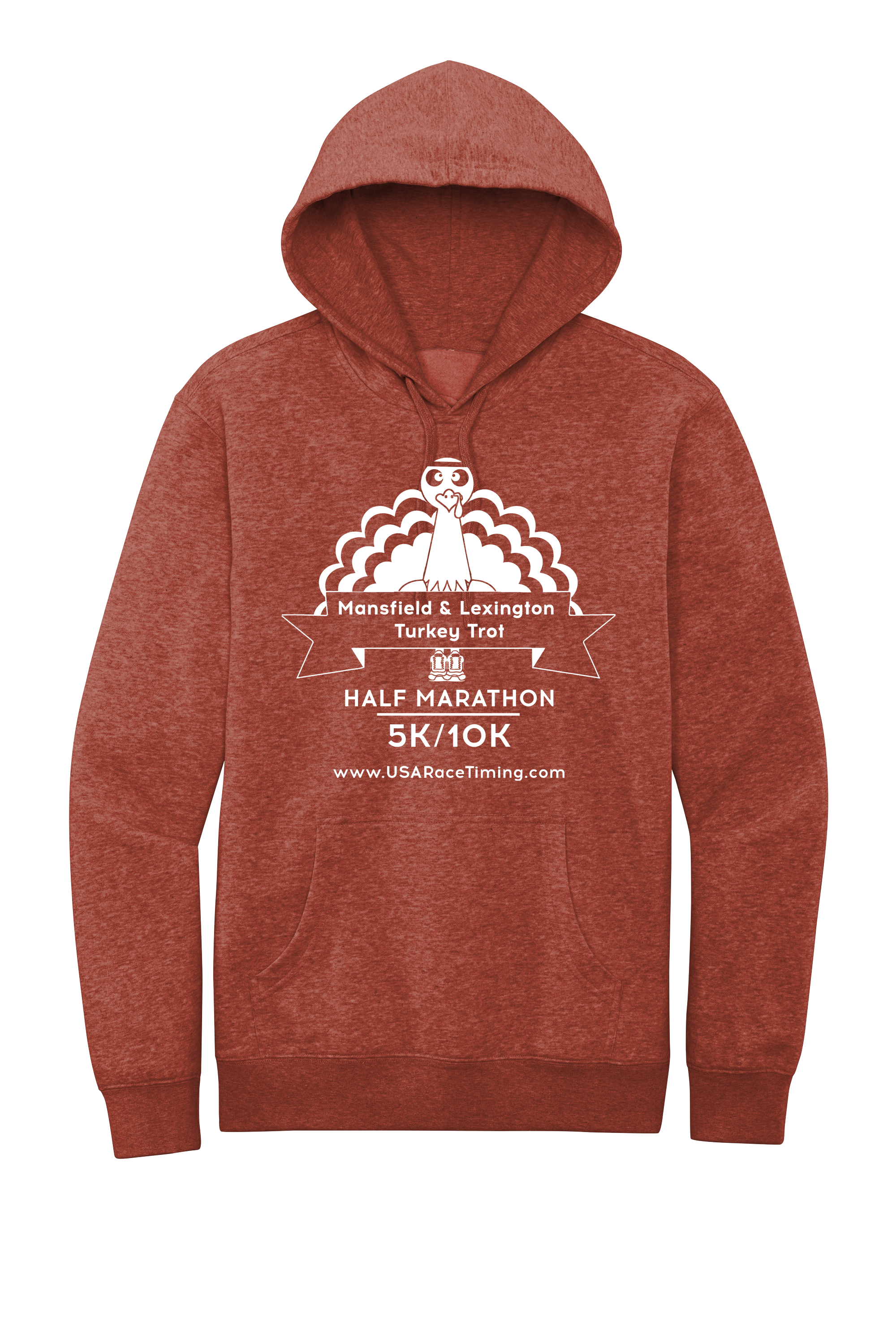 Mansfield & Lexington Ohio Turkey Trot Official Long Sleeve Hooded Sweatshirt - Heather Russet Orange With White Ink - Sport Tee Apparel Screen Printing - USA Race Timing - Heartland Church - Charity Race - 5k, 10k & Half Marathon - Heartland Church Lexington, Ohio - Best Turkey Trot Swag In Ohio