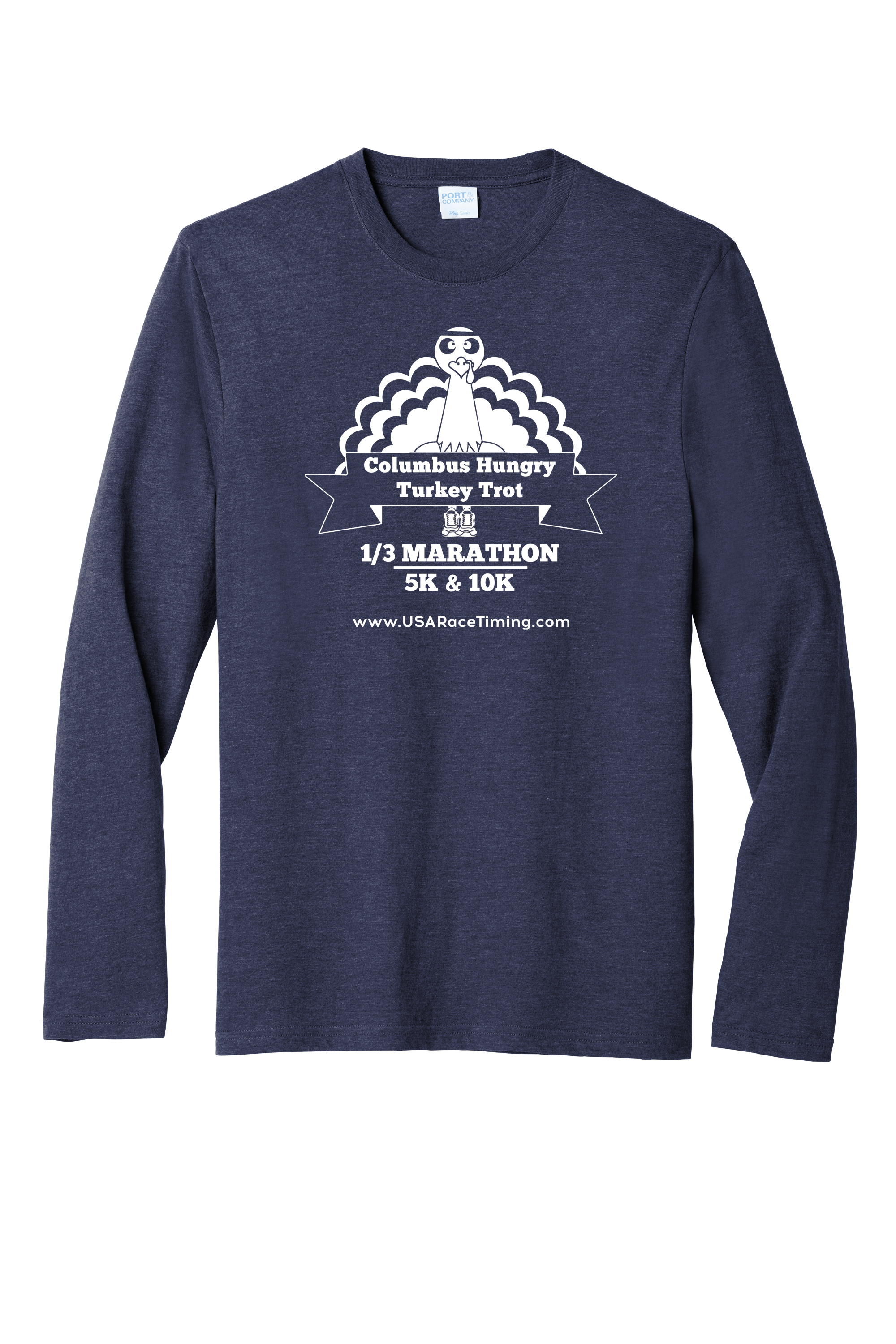 Columbus Ohio Hungry Turkey Trot Official Long Sleeve Shirt - Heather Navy With White Ink - Sport Tee Apparel Screen Printing - USA Race Timing & Event Management - Humane Society of Delaware County (HSDC) - Charity Race - 5k, 10k & 1/3 Marathon - Downtown Columbus, Ohio - Best Turkey Trot Swag In Ohio