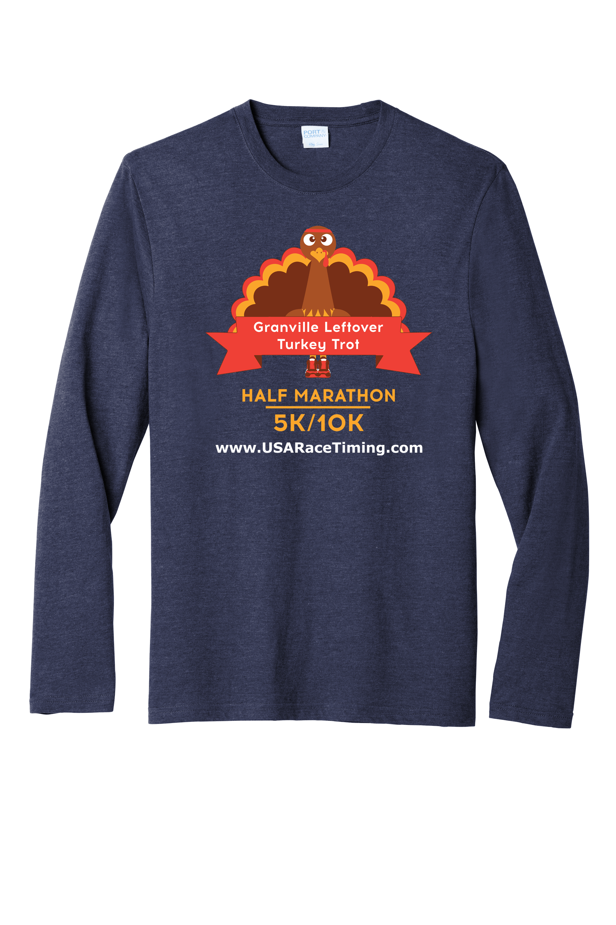 Johnstown, Alexandria & Granville Ohio Turkey Trot Official Long Sleeve Shirt - Heathered Navy With Full Color Ink Print - Sport Tee Apparel Screen Printing - USA Race Timing - Johnstown Can - Charity Race - 5k, 10k & Half Marathon