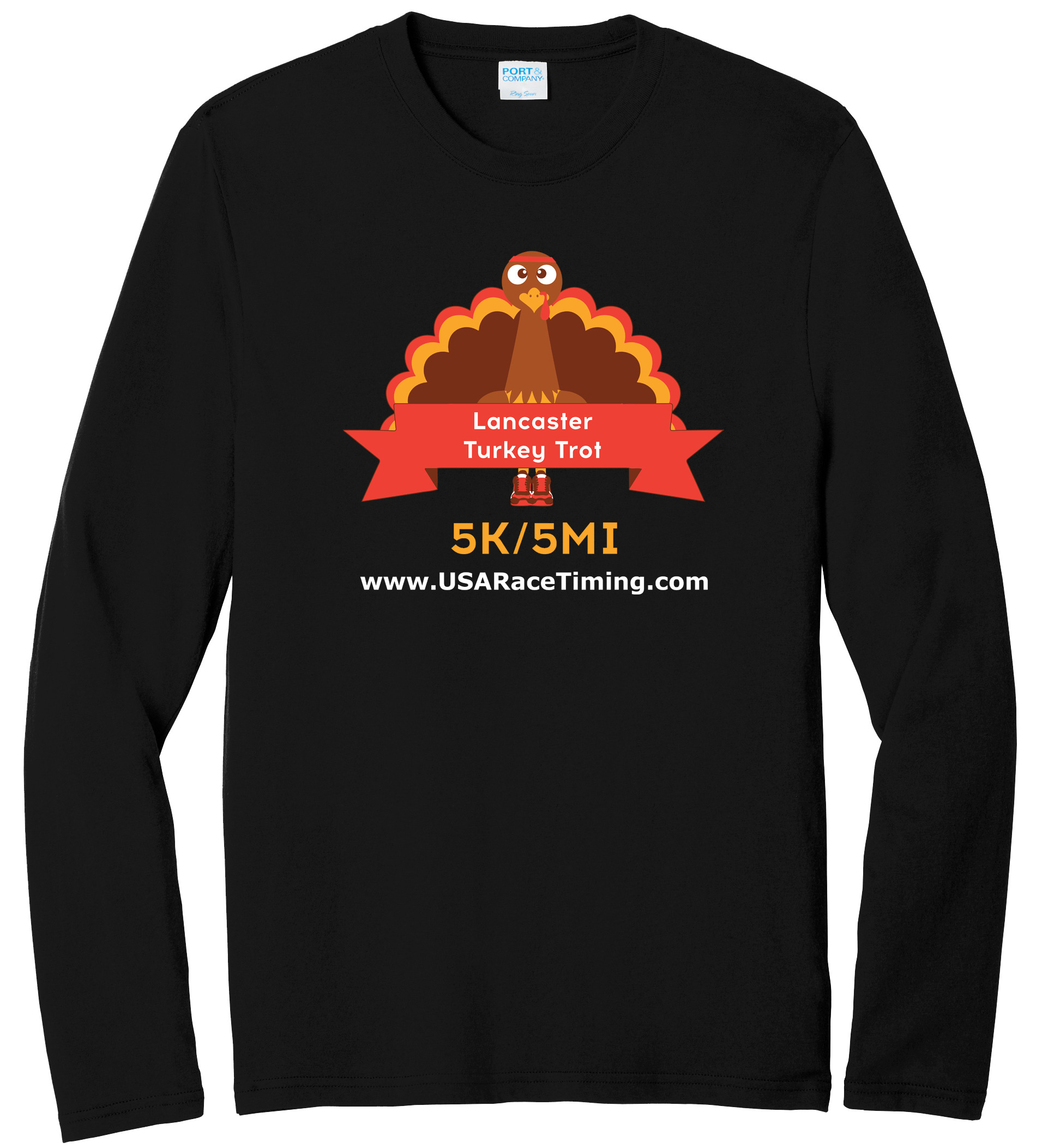 Lancaster Ohio 5k, 5mi and Kids Fun Run Turkey Trot Black Long Sleeve Shirt 2024 - Full Color Print - USA Race Timing and Event Management - https://www.usaracetiming.com/lancasterturkeytrot